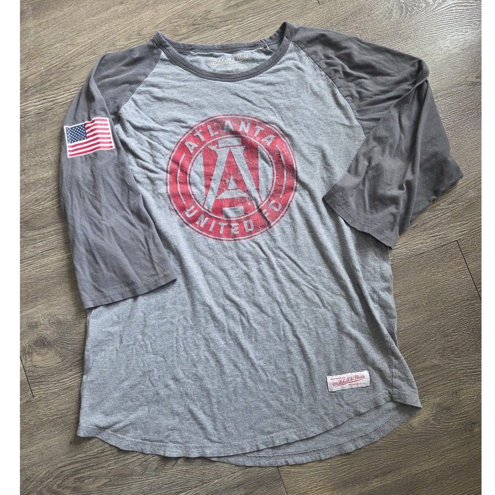 Mitchell & Ness Atlanta United FC Shirt Mens XL Gray 3/4 Raglan Distressed